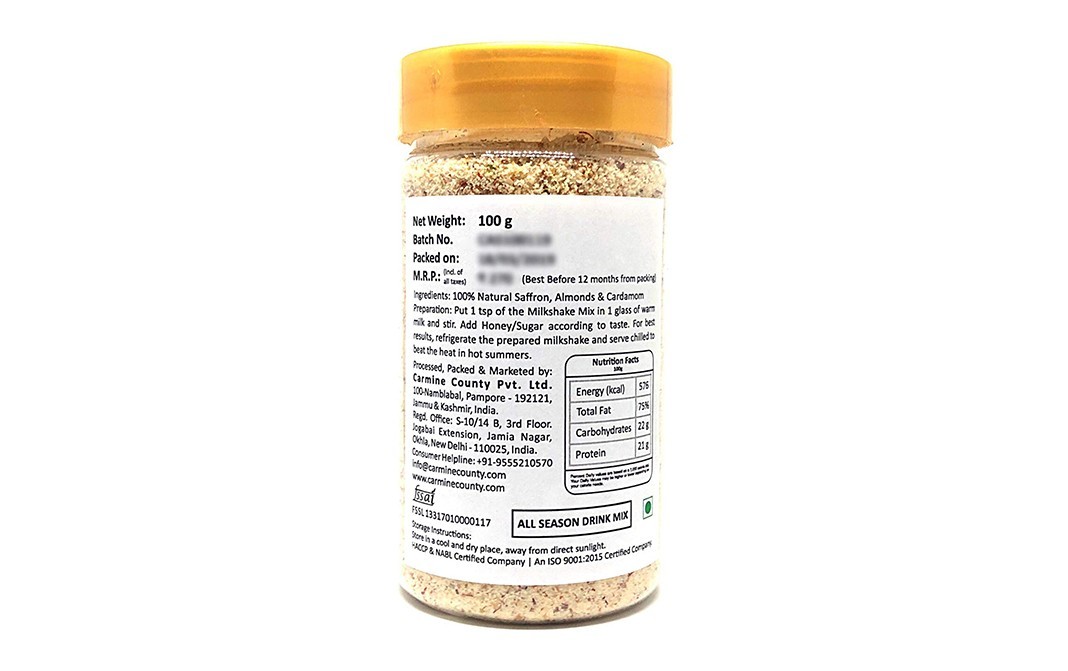 Carmine County Saffron-Almond & Cardamom (Milkshake Mix)   Plastic Jar  100 grams